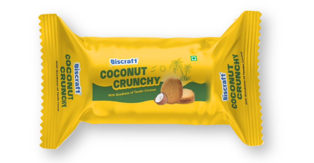 Yellow package of Biscraft Coconut Crunchy on a white background
