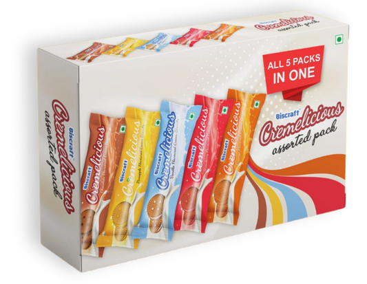 Assorted pack of Cremelicious snacks in a box on a white background
